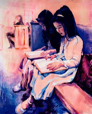 A hand drawn oil painting of two young girls sitting in church pews, reading their bibles. Vibrant blues, purples, and pinks dominate the artwork.
